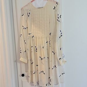 Anthropologie Feather Bone cream feuille embroidered tunic dress